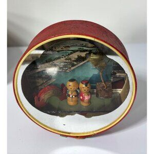 Vtg Japanese Round Diorama Box Kokeshi Figures Mirror Wooden